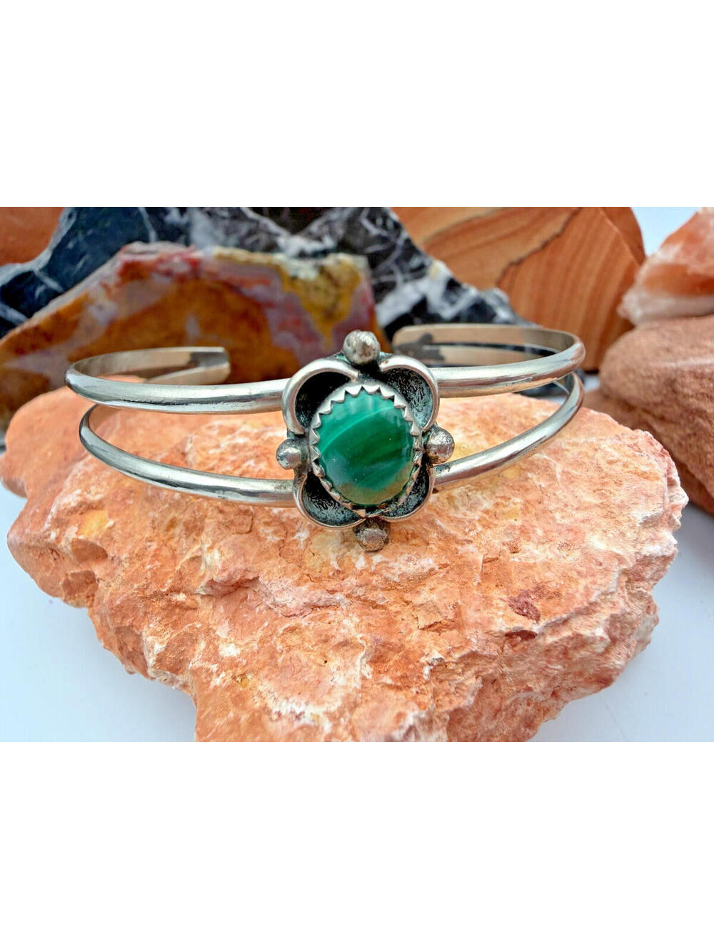 Vintage Sterling Silver Malachite Flower Cuff Bracelet 1990s Unbranded